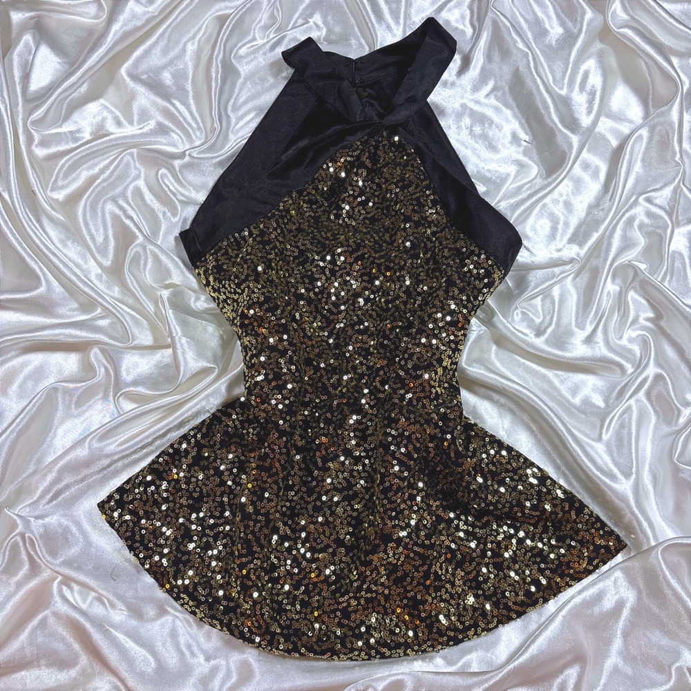y2k Halter Top Black Gold Excellent Sequin Satin High Neck Tahari XS